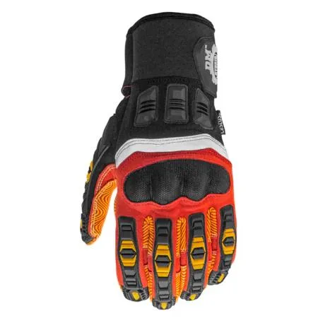Pair of grey work gloves with hard-shell knuckle guards and textured palm grip