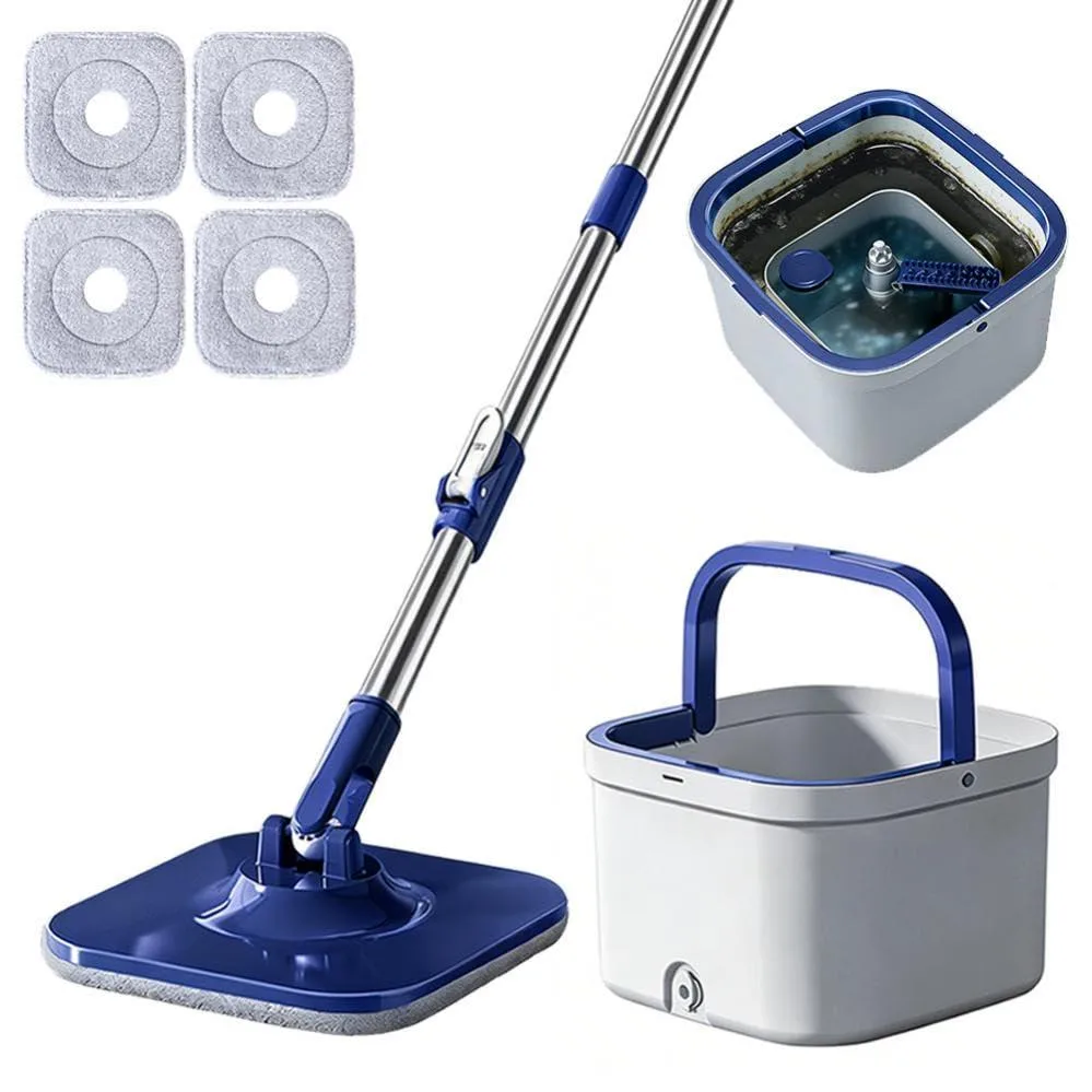 White spin mop bucket system, 52" stainless handle, 360° swivel head, 4 microfiber pads, dual compartment with wringer and scrub brush