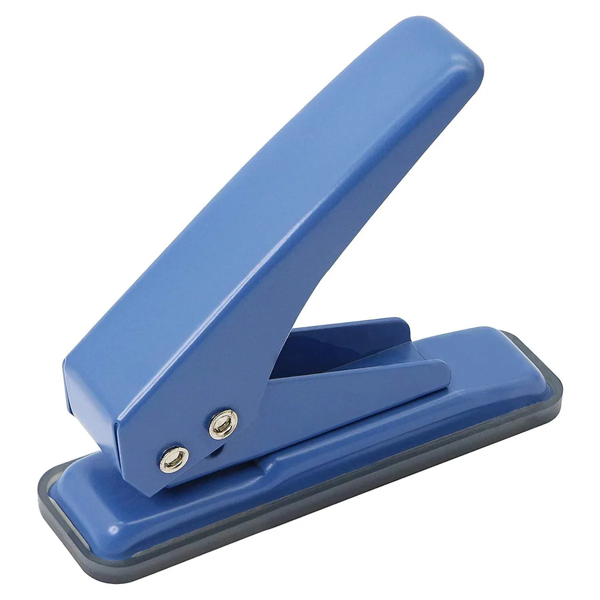 Blue handheld single hole puncher with ergonomic handle and non-slip base