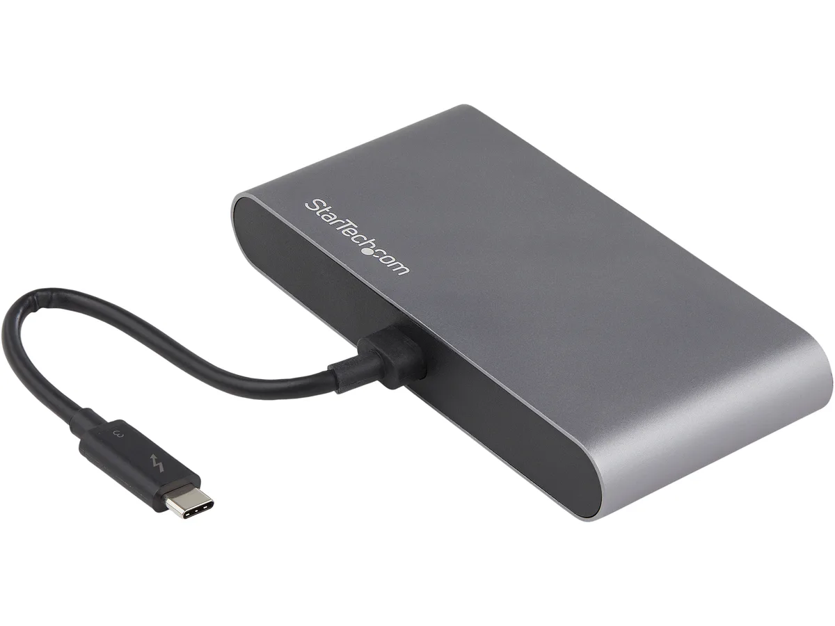 Compact black and silver Thunderbolt 3 mini dock with attached 28cm cable, two DisplayPort outputs, USB-A and Gigabit Ethernet ports