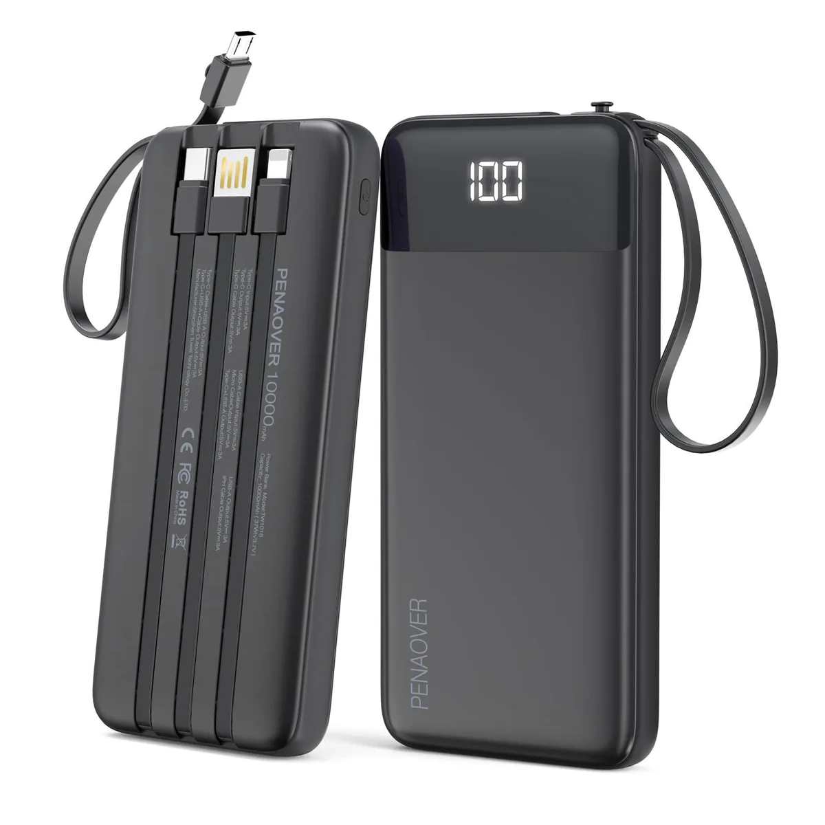 penaover TW1016 10000mAh power bank with built-in cables, black — product photo