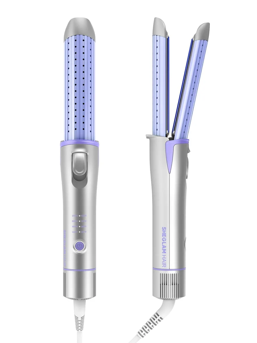 Silver and purple 2-in-1 airflow styler with 1.5 inch plates and 360 swivel cord