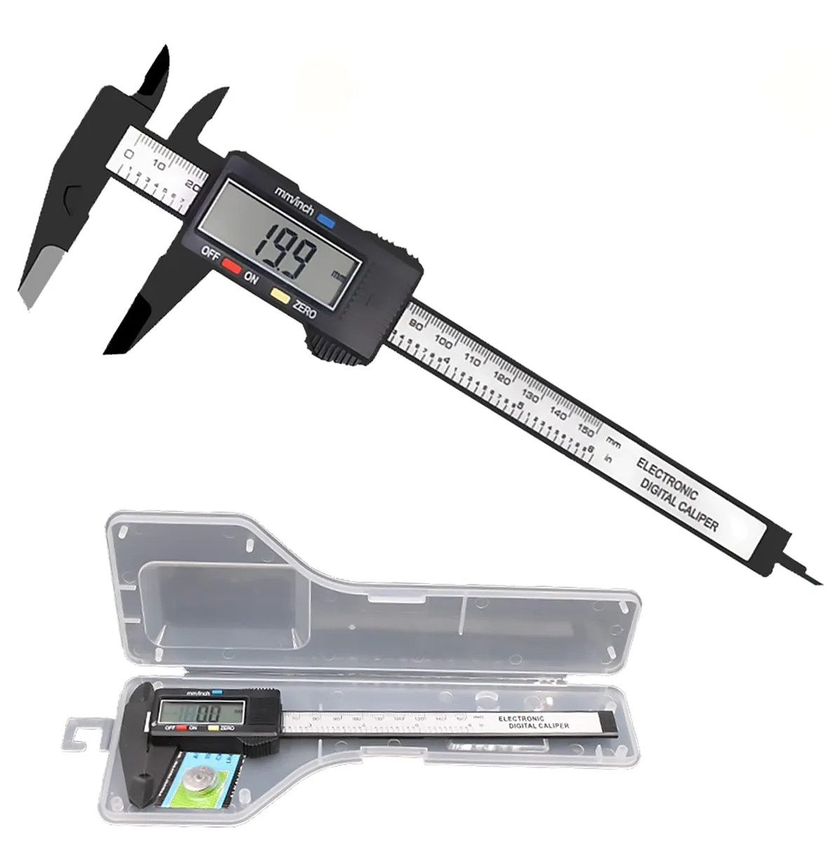 Black plastic digital caliper with LCD screen and 150 mm measuring range