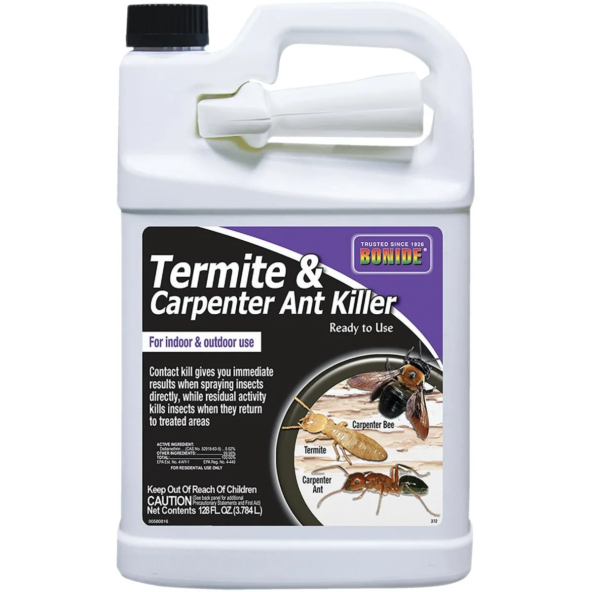 White rectangular jug with red label and handle 128 oz Bonide Revenge Carpenter Ant Killer 372
