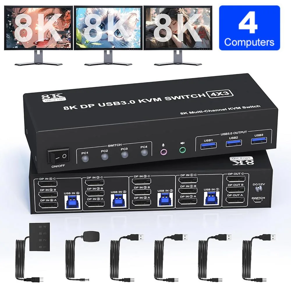 Hitoor Hitoor 4-Port DP 1.4 Triple Monitor KVM Switch 8K@60Hz 4K@144Hz — product photo