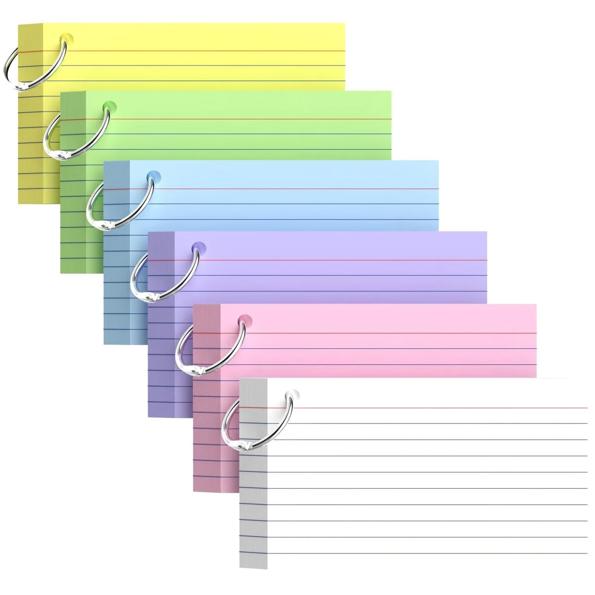 Six packs of 3x5 coloured index cards on a ring, 300 sheets total