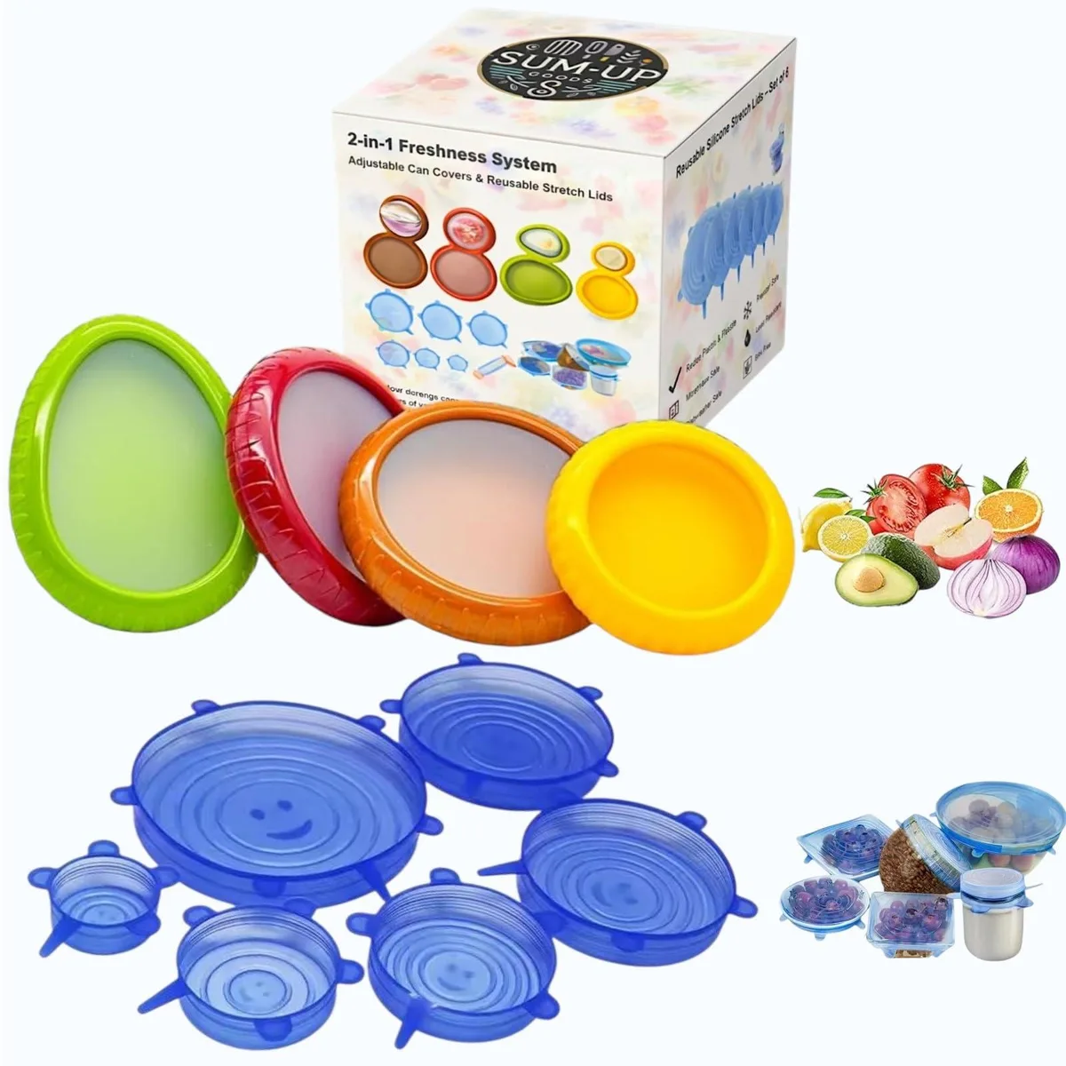 Four coloured silicone food containers with stretch lids, set of ten