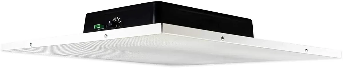 White square ceiling tile with circular metal grille and recessed speaker cone