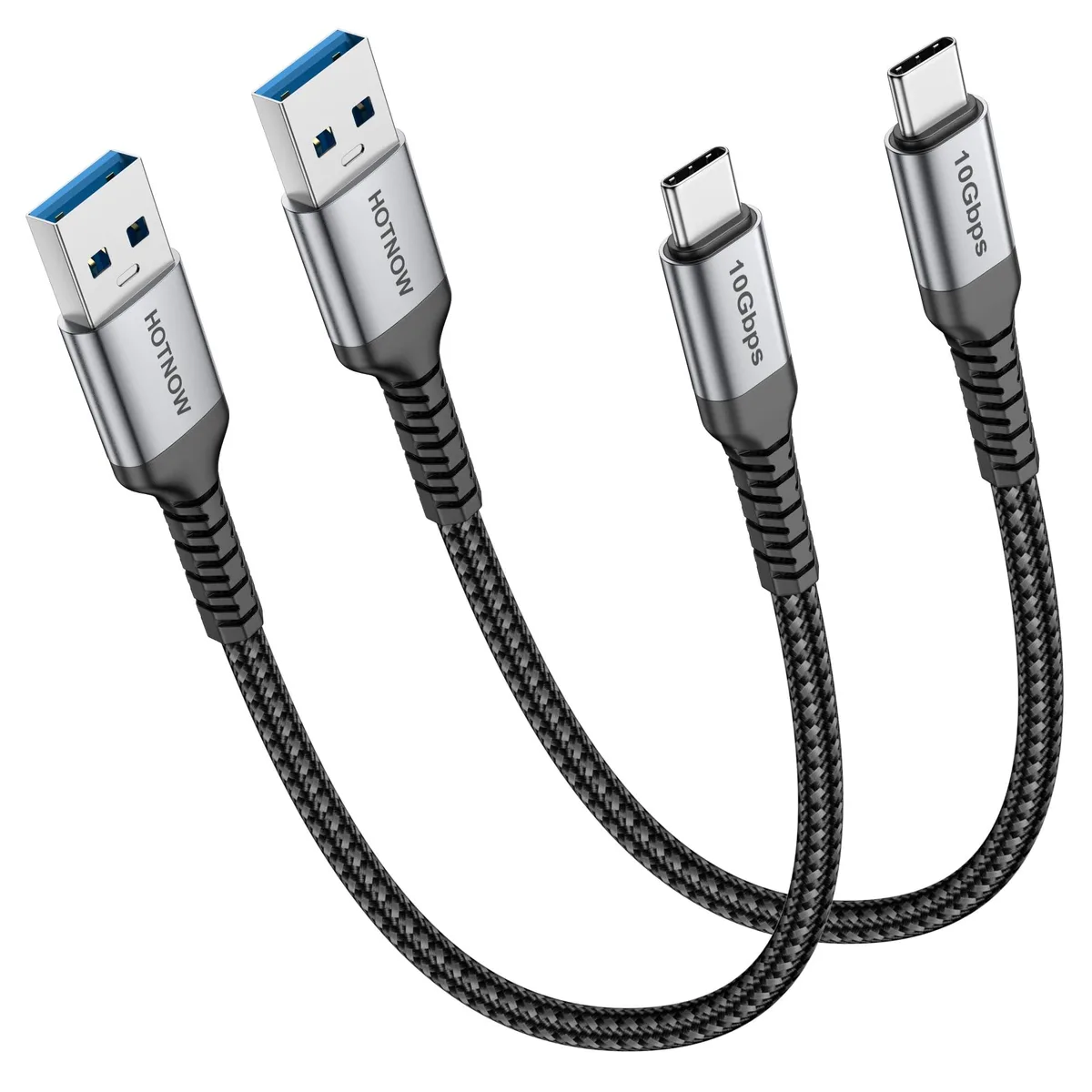 Two short black braided USB A to C cables with metal ends