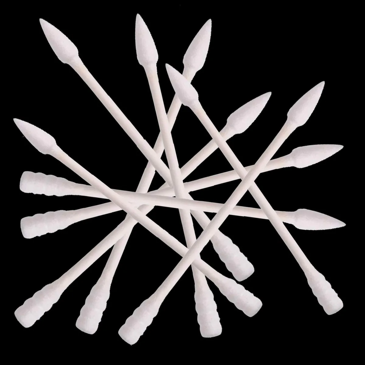 Four packs of double-tipped cotton swabs in a box