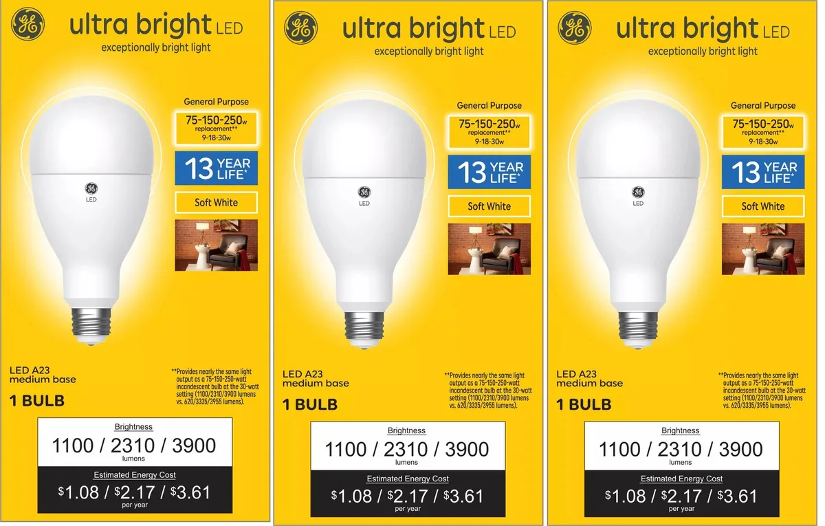 GE Lighting GE Lighting 93130080 3-way LED A23 9/18/30 W 1100/2310/3900 lm Soft White 3 pack — product photo