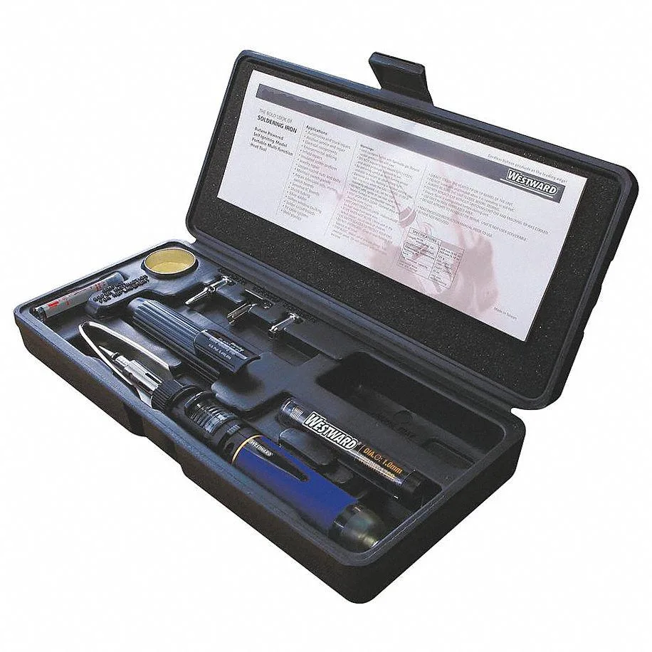 Butane soldering kit with self-igniting iron, adjustable flame, multiple tips and accessories