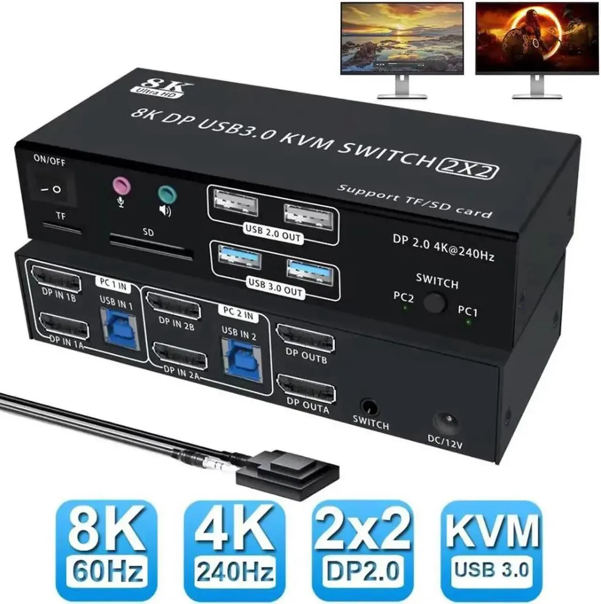 Vszerda Vszerda 8K@60Hz DP2.0 KVM Switch 2 Port Dual Monitor — product photo