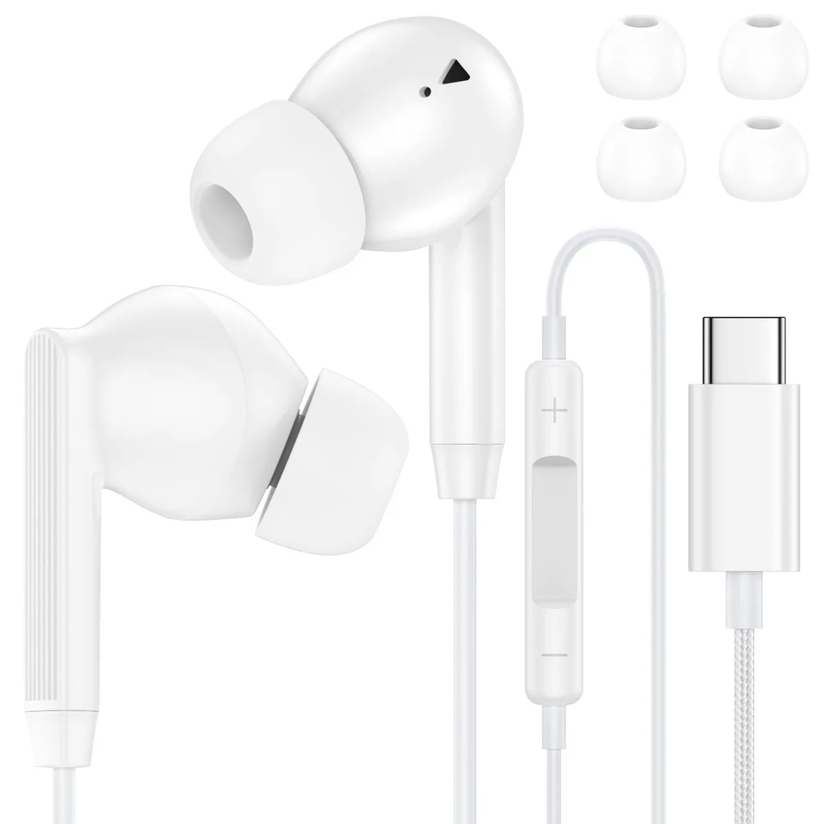 White in-ear wired earbuds with USB-C connector and inline controls