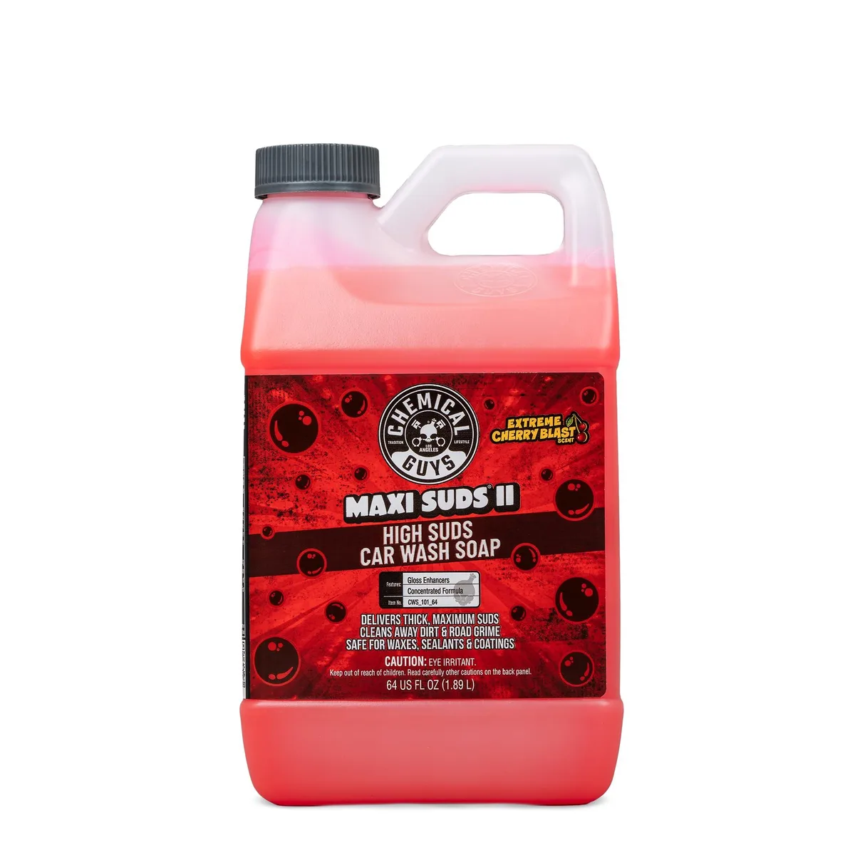 White plastic bottle with red cap and label reading Maxi Suds II cherry car wash soap 64 oz