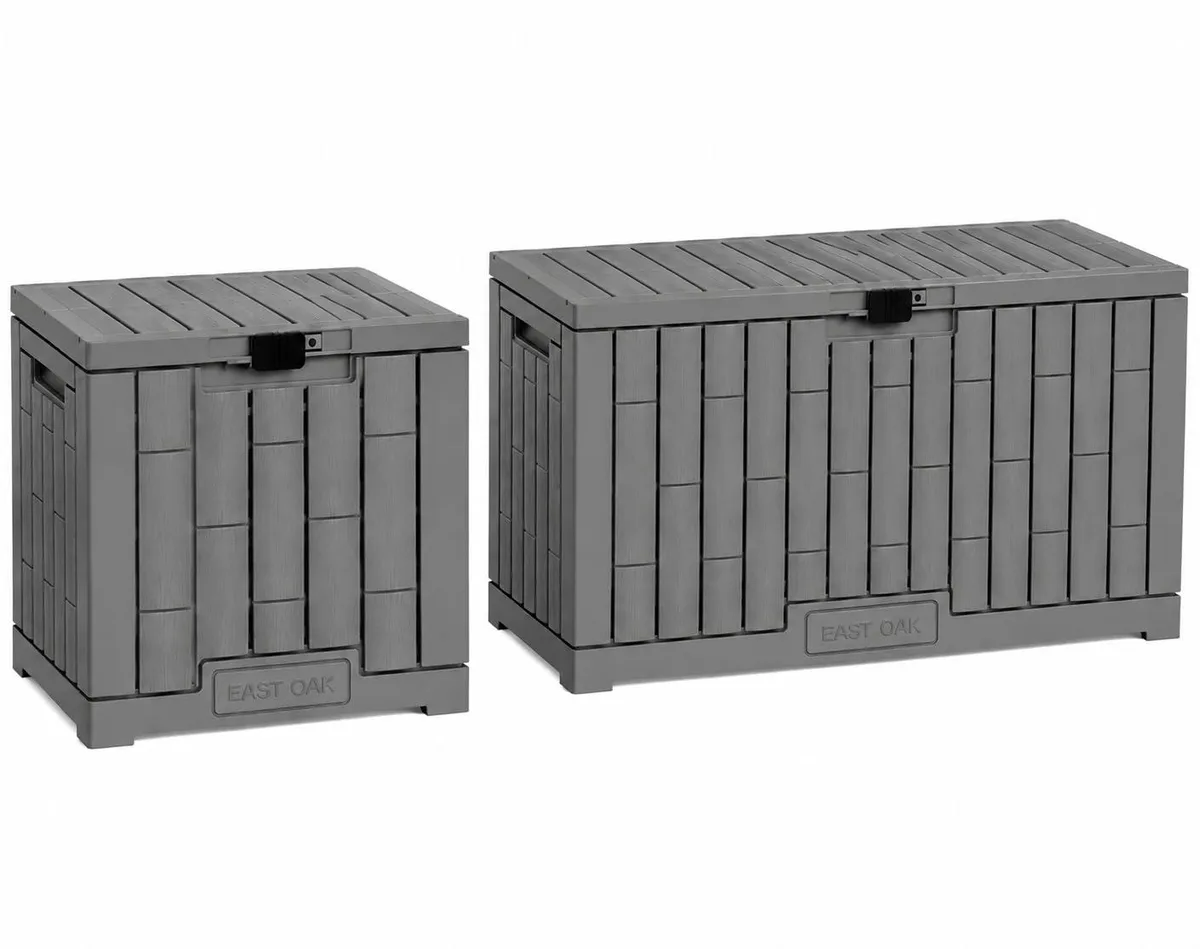 Two grey resin deck boxes, 31 and 60 gallon, bamboo texture, side handles