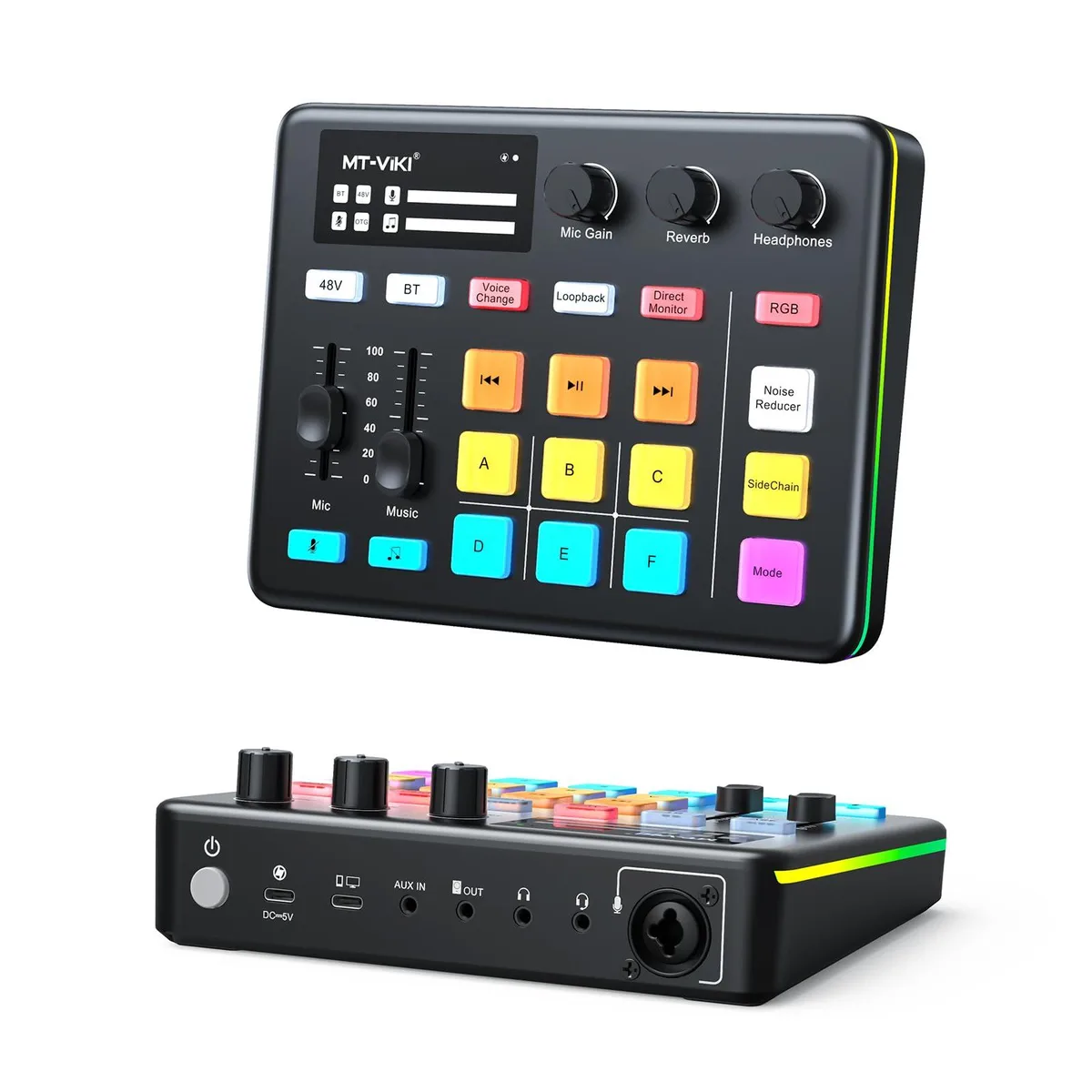  MT-VIKI MT-LHY1S audio mixer, 48V phantom power, Bluetooth, RGB, 12 sound pads — product photo