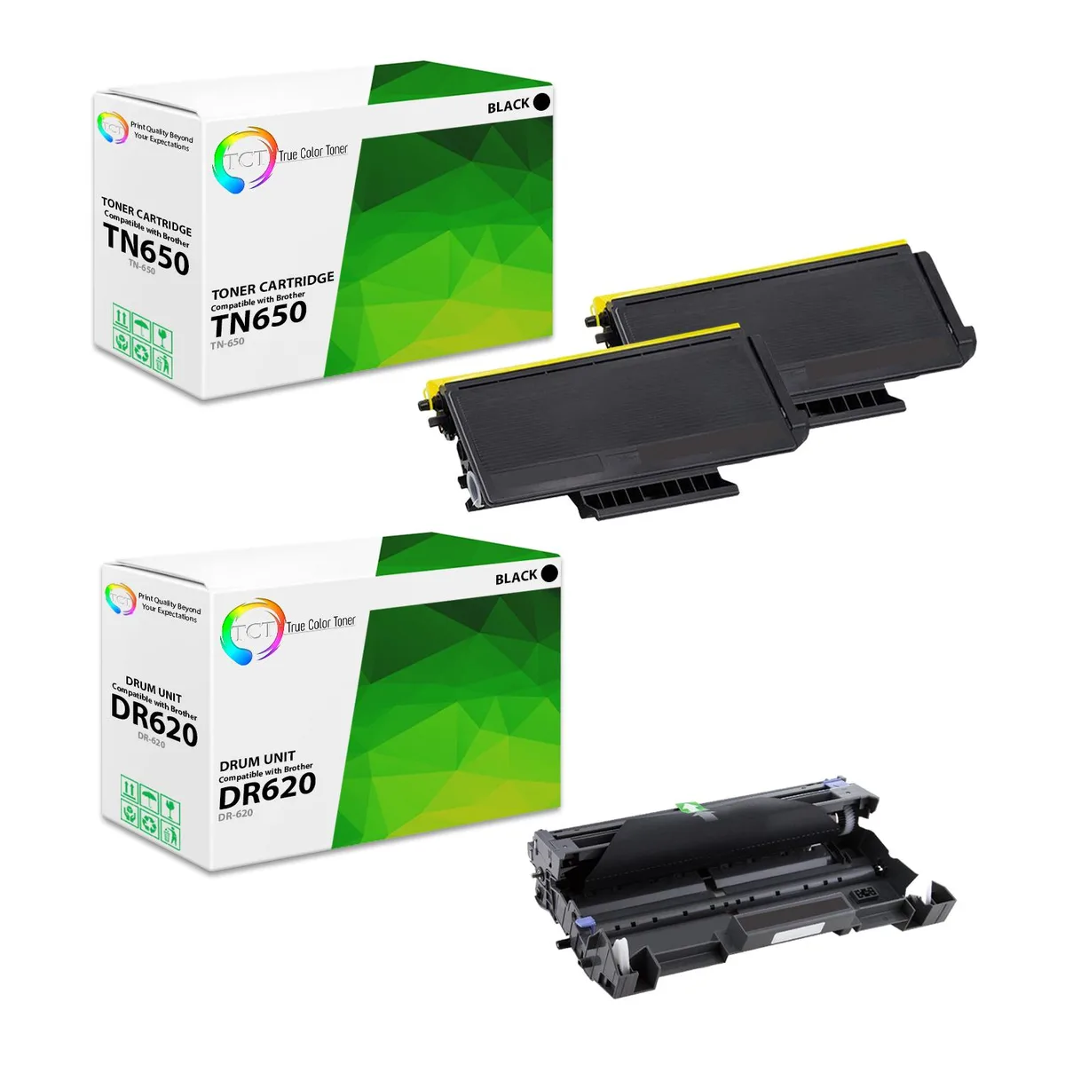 True Color Toner True Color Toner TN-650 2-pack + DR-620 drum unit, black, 8000 pages per toner, 25000 pages per drum — product photo