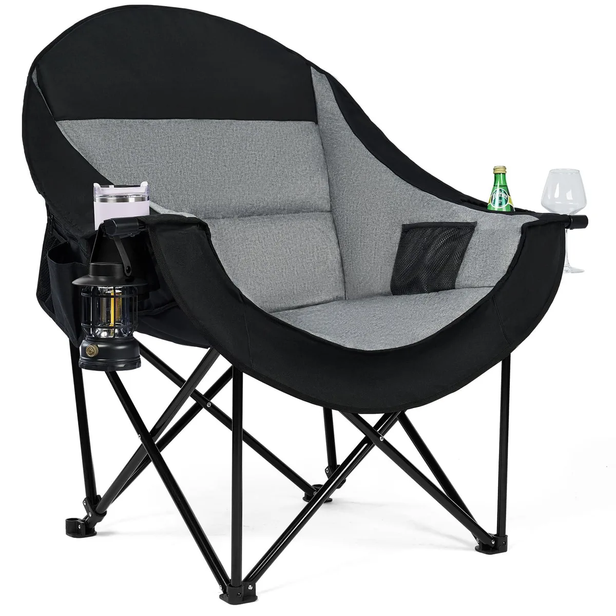 Grey oversized folding camp chair with padded seat and backrest, steel X-frame, cup holder side pocket