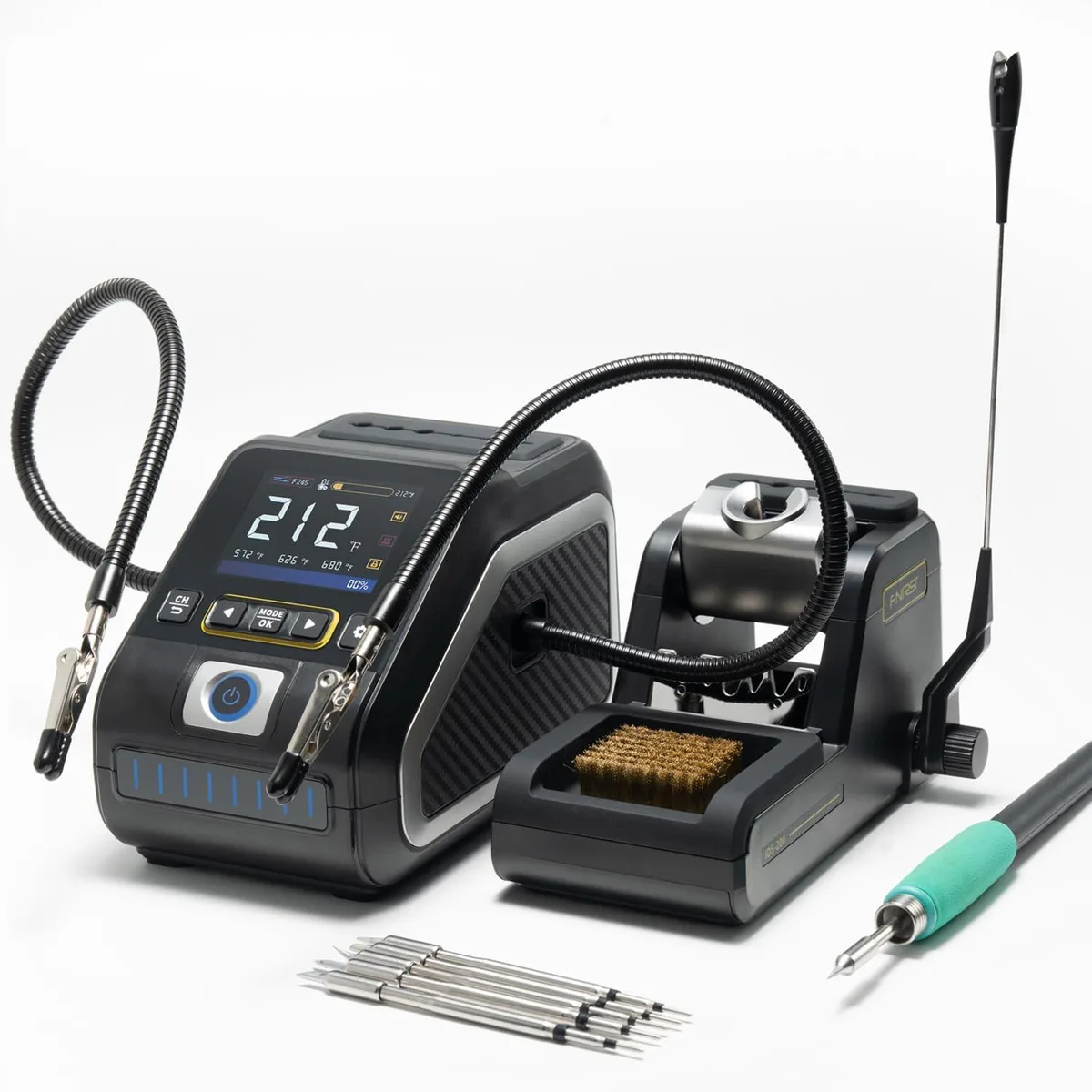 Blue soldering station unit with digital display, separate iron handpiece, stand, two articulated helping-hand arms and tip tray
