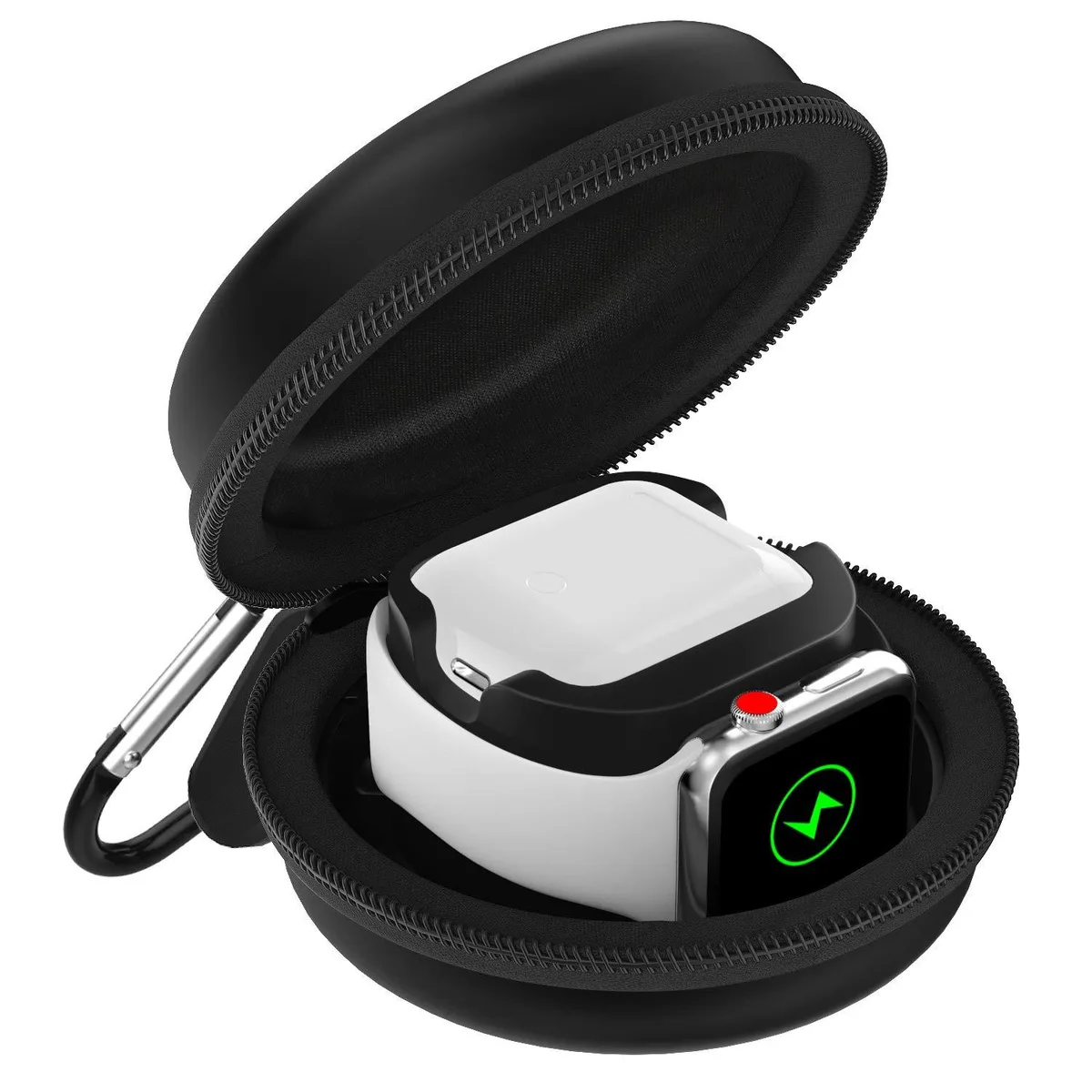 Black polyurethane silicone storage box with carabiner, fits 38mm Apple Watch and AirPods