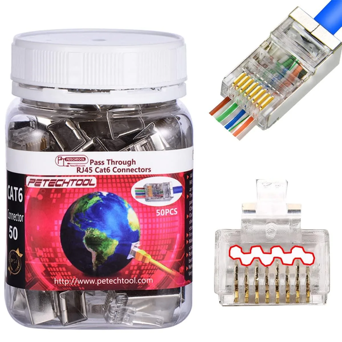 KEHIPI KEHIPI RJ45 23AWG Cat6 Cat6a Shielded Pass Through Connector 50 Pack — product photo