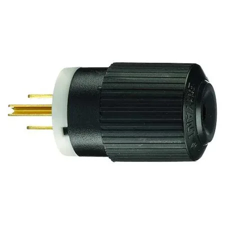 Black and white straight blade plug with screw terminals, 1.38 in face diameter