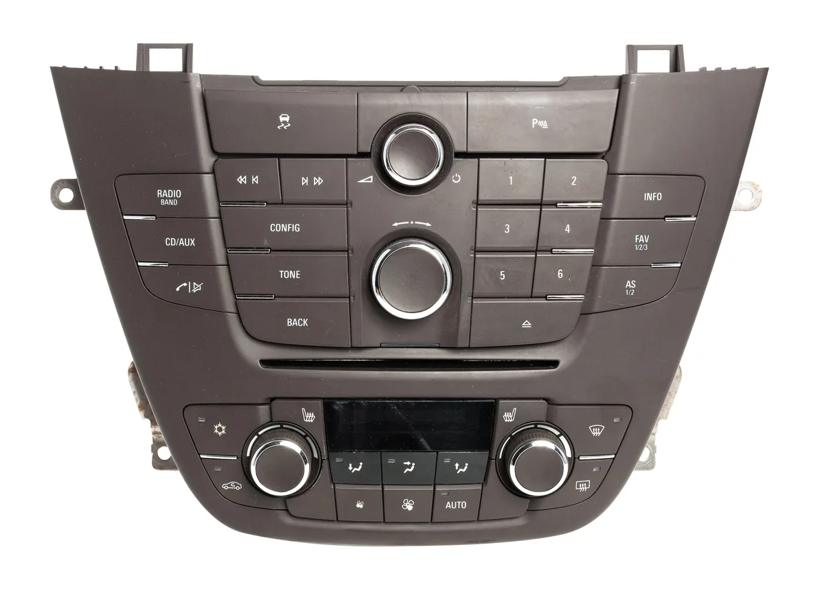 Buick Regal radio control panel faceplate, black plastic with buttons and display window
