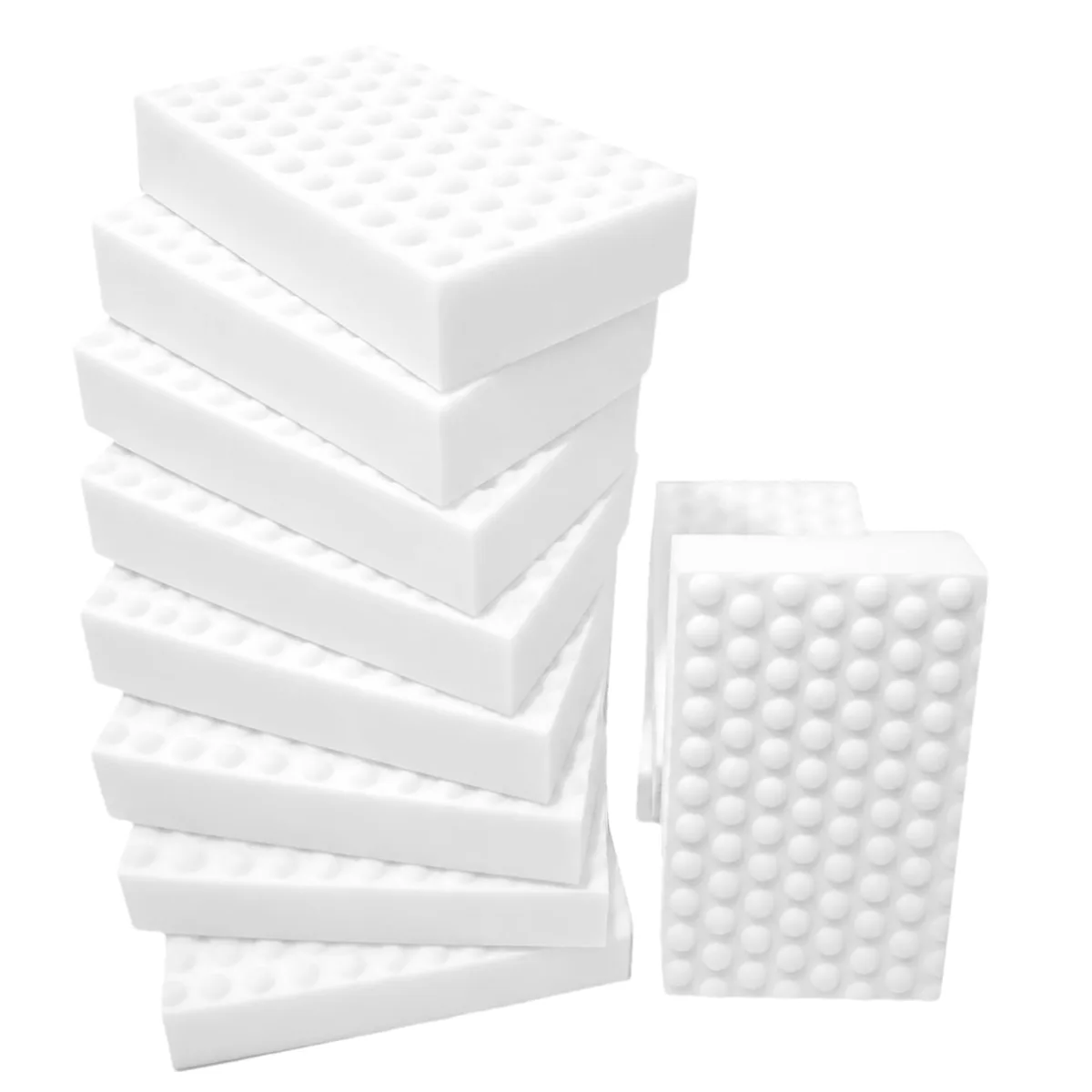 Twenty white rectangular melamine foam sponges in a bulk pack