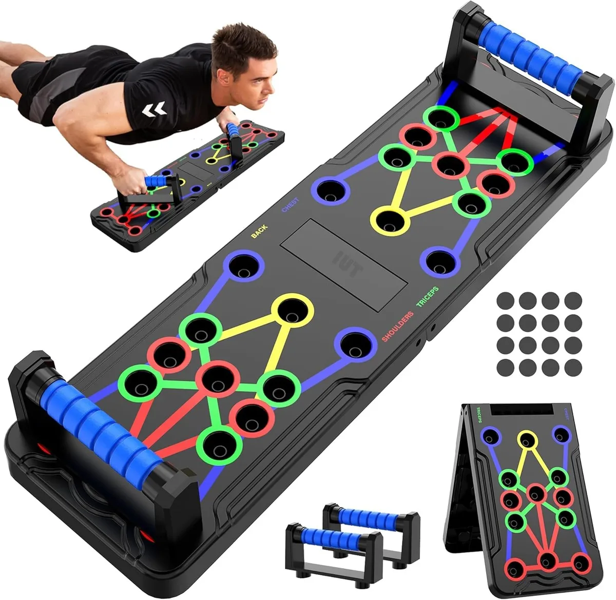 Black foldable push-up board with colour-coded handles and pec attachment, 14 inches wide