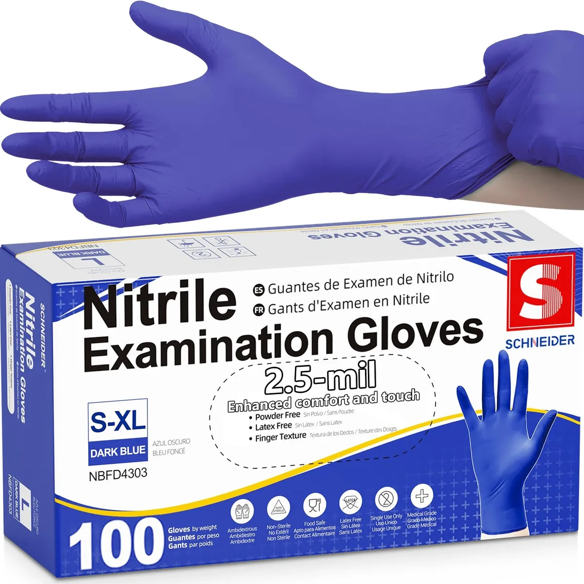  Schneider NBFD4303 Nitrile Exam Gloves 100 Ct Large Blue 2.5 Mil — product photo