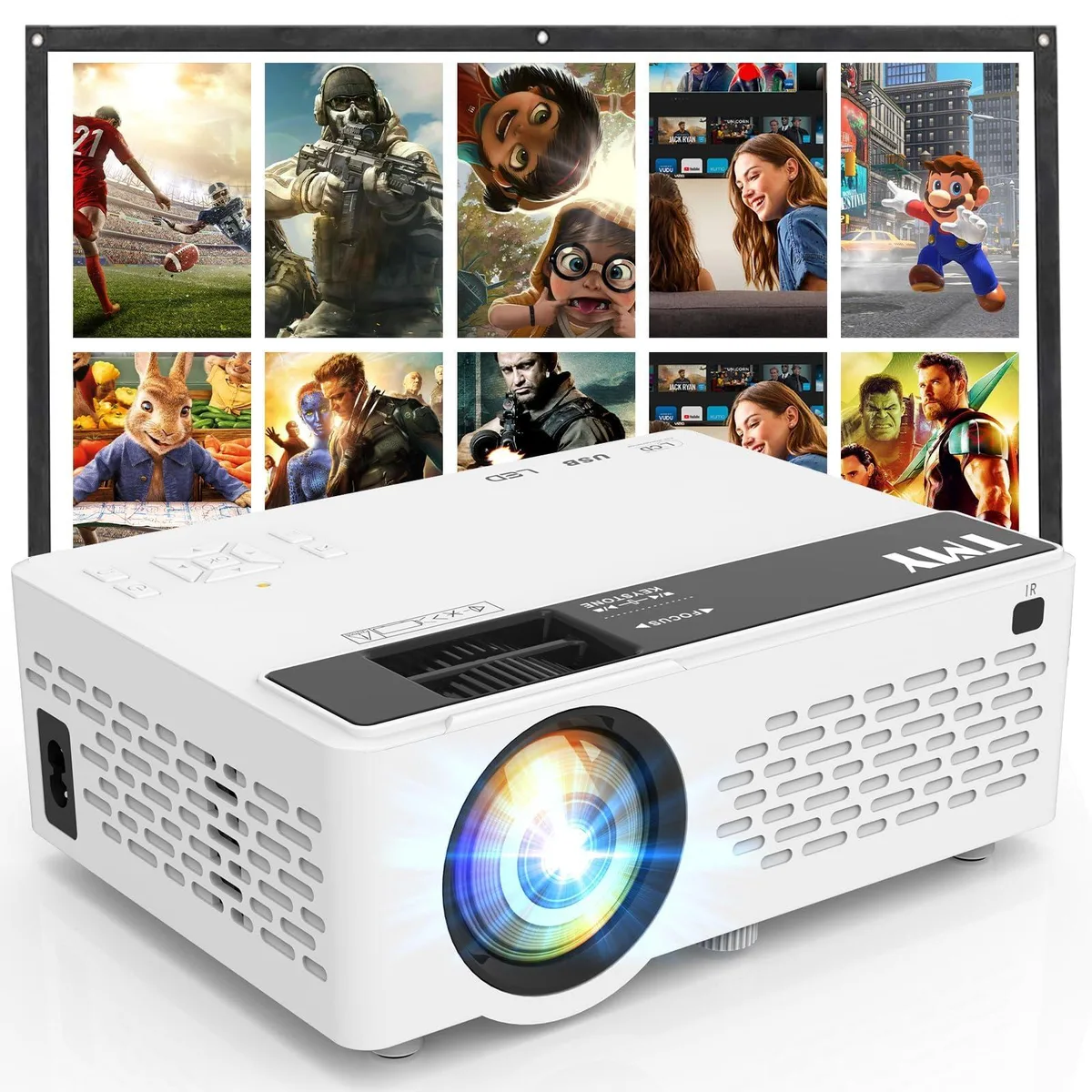 Black rectangular mini projector with foldable 80-inch screen included