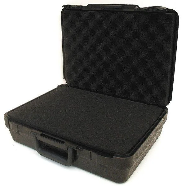 Black rectangular protective case with folding handle and two latches