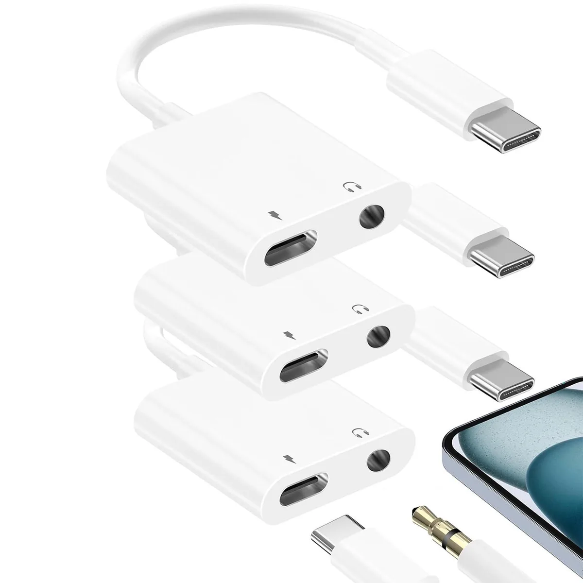  1STCHAMP USB-C to 3.5mm Headphone &amp; Charger Adapter 3-Pack PD 60W White — product photo
