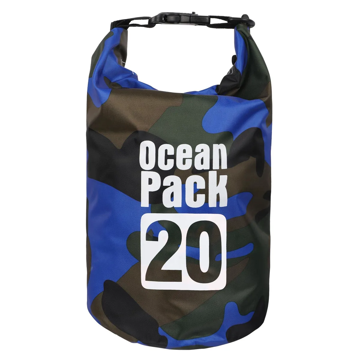 Blue 20L waterproof dry bag with roll-top closure and phone case
