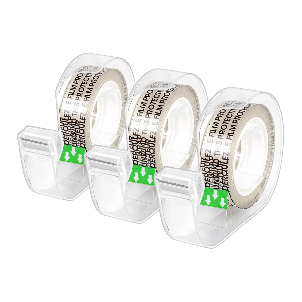 Three translucent matte double-sided tape rolls in handheld dispensers, half-inch by 252 inches