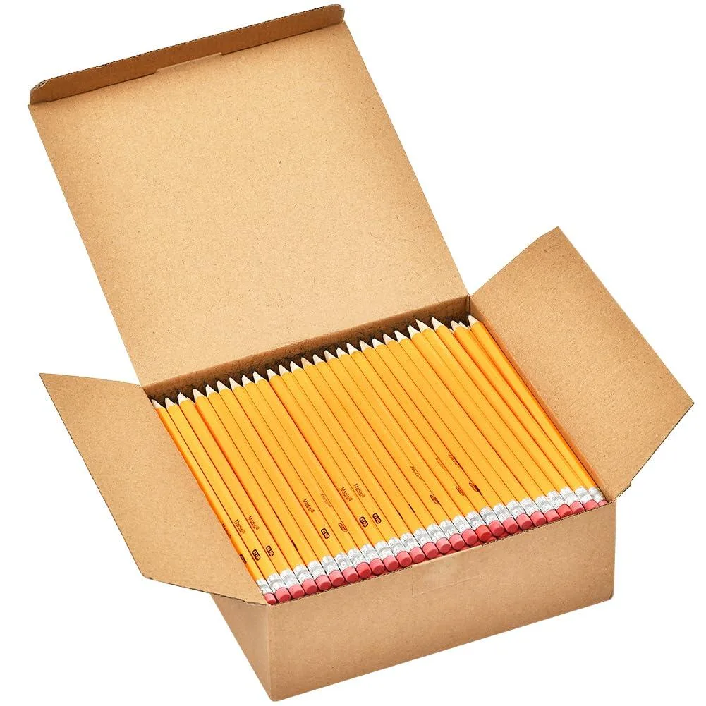 Box of 240 yellow hexagonal wood-cased HB pencils with pink erasers
