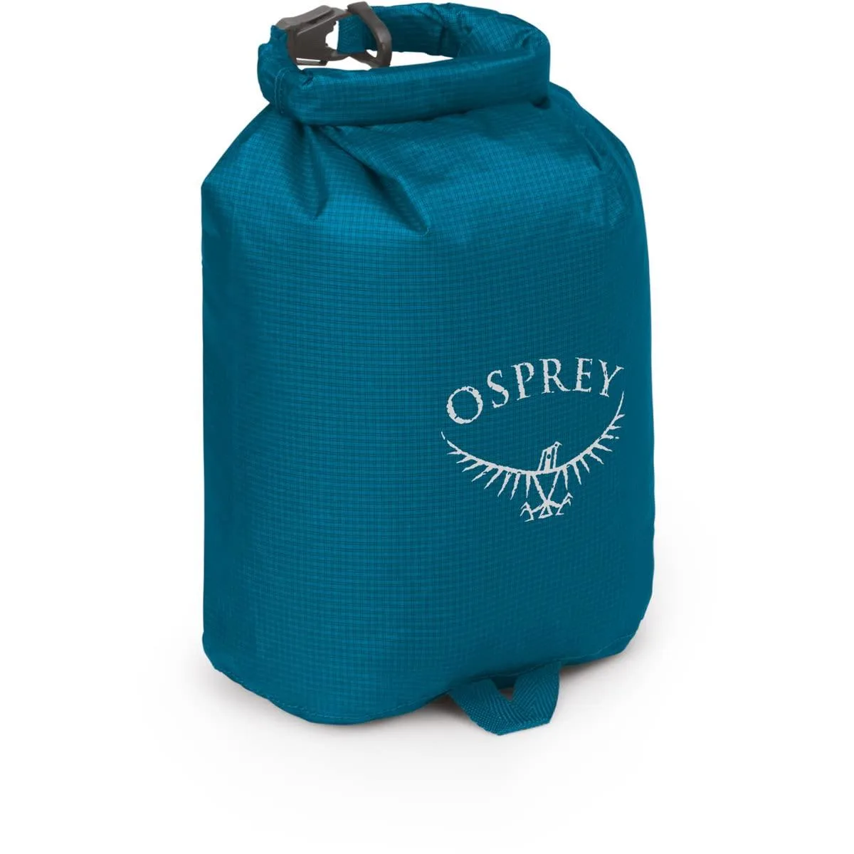 Cylindrical blue dry sack with roll-top closure and D-ring