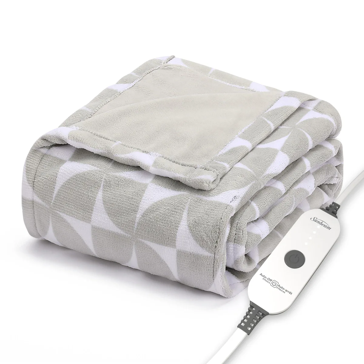 Grey geometric microplush heated throw blanket with push-button controller