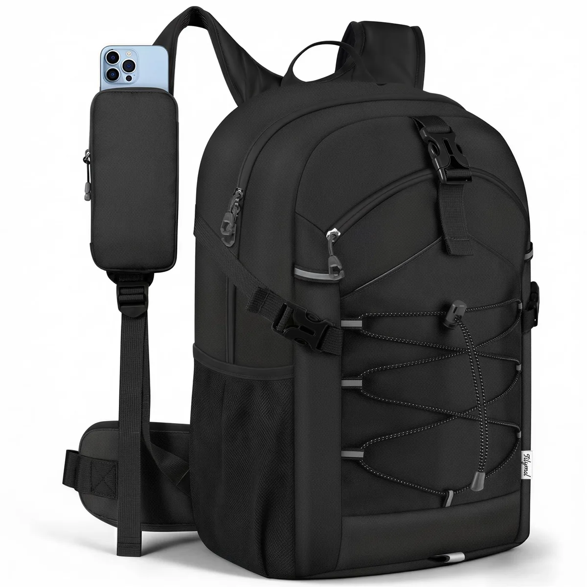 Black 25L polyester backpack 11x8.3x16.1in with hydration sleeve and phone strap pocket