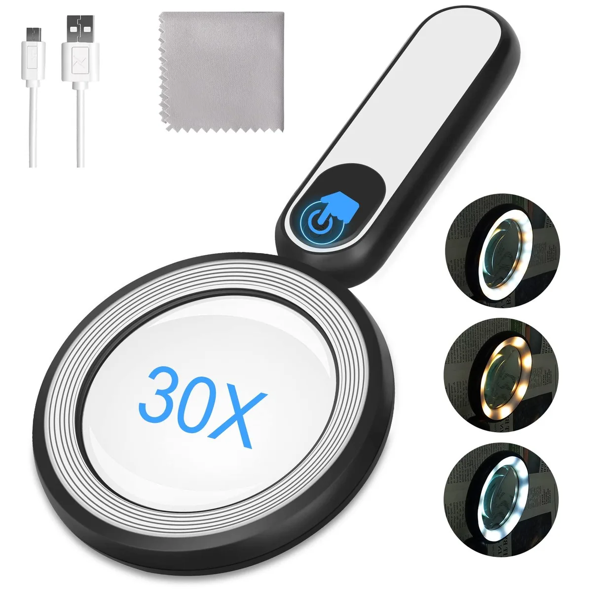 Black handheld magnifier, 4.7 inch glass lens, 21 LED lights, USB rechargeable, 12 pack