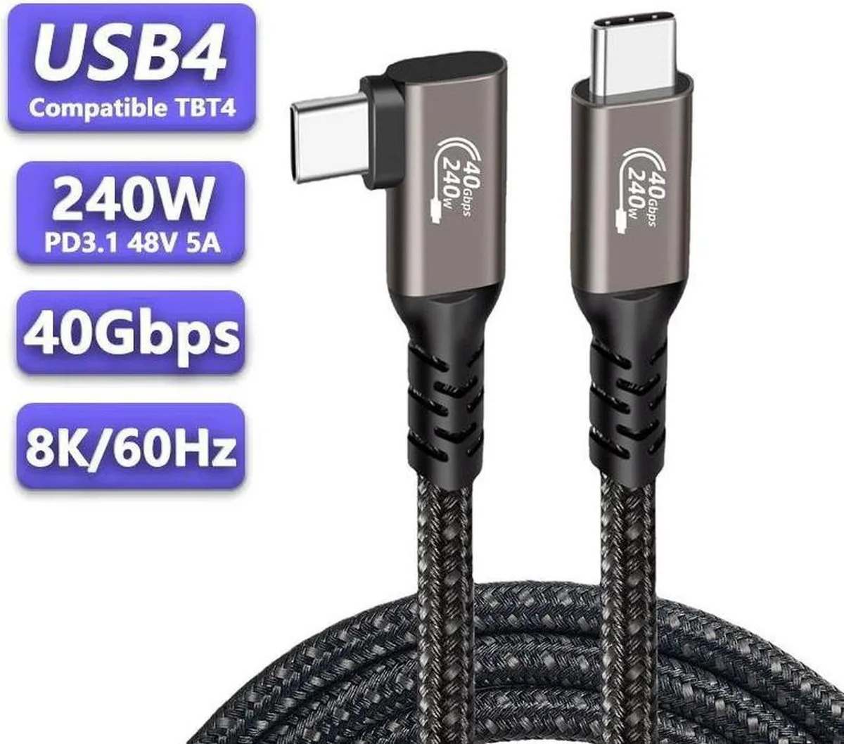 SMUGDESK SMUGDESK USB C to USB C Cable Right Angle 240W 40Gbps 5FT Black — product photo