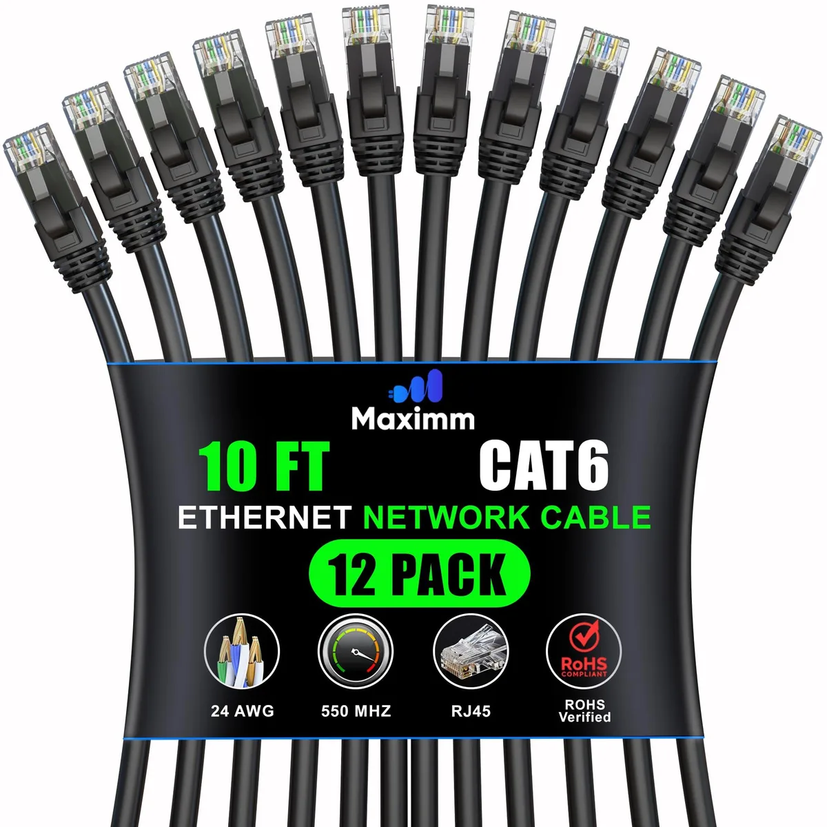 Maximm Cat6 Ethernet Cable 12-Pack Black 10Gbps 550MHz UTP — product photo