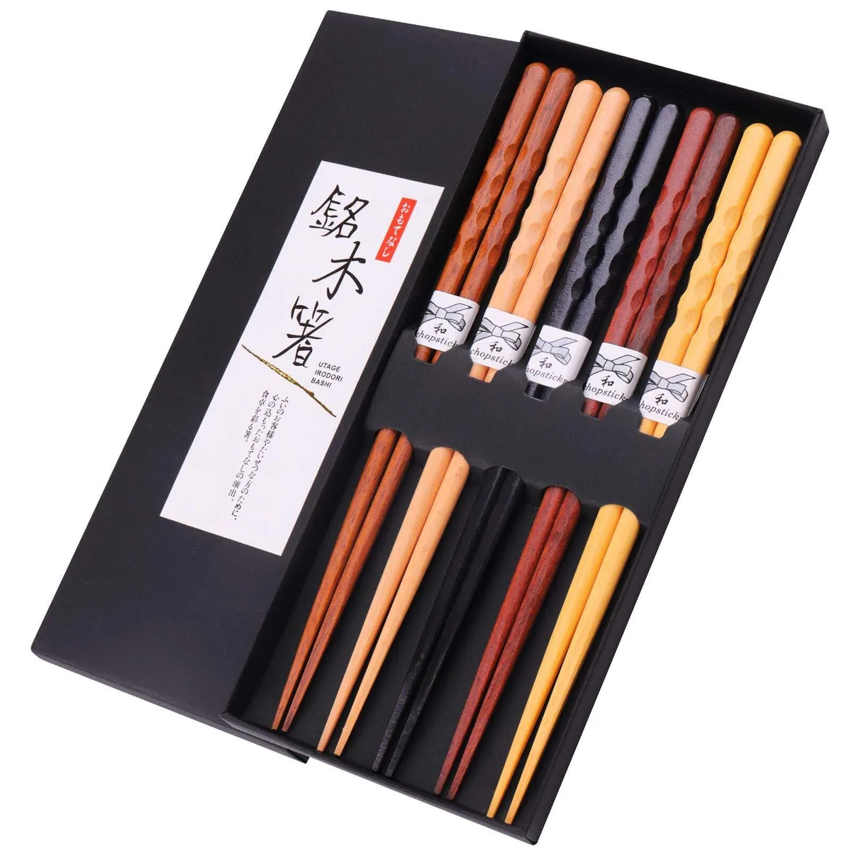 Five pairs of natural wooden chopsticks in a gift box, square tapered tips, multi-coloured lacquered finish