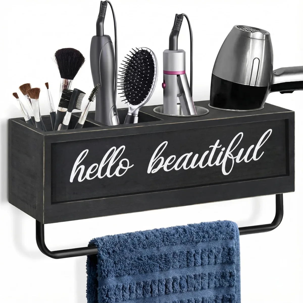 Black wall-mounted hair dryer holder with towel bar and wooden compartments