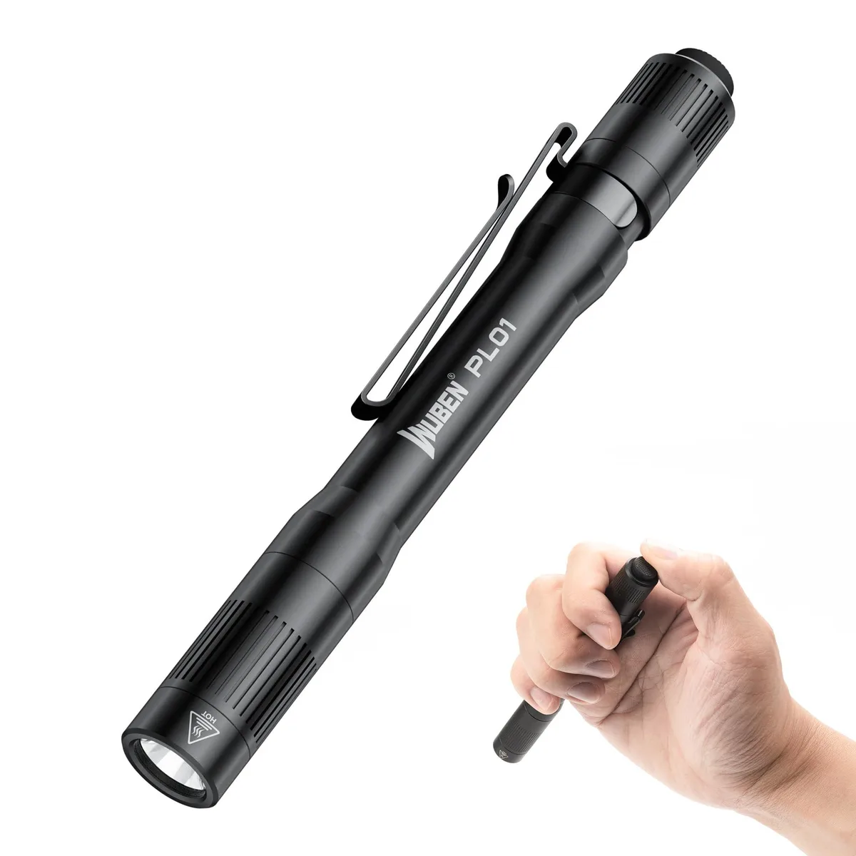 Slim anodised aluminium pen light, 5.3 inches long, two-way clip visible