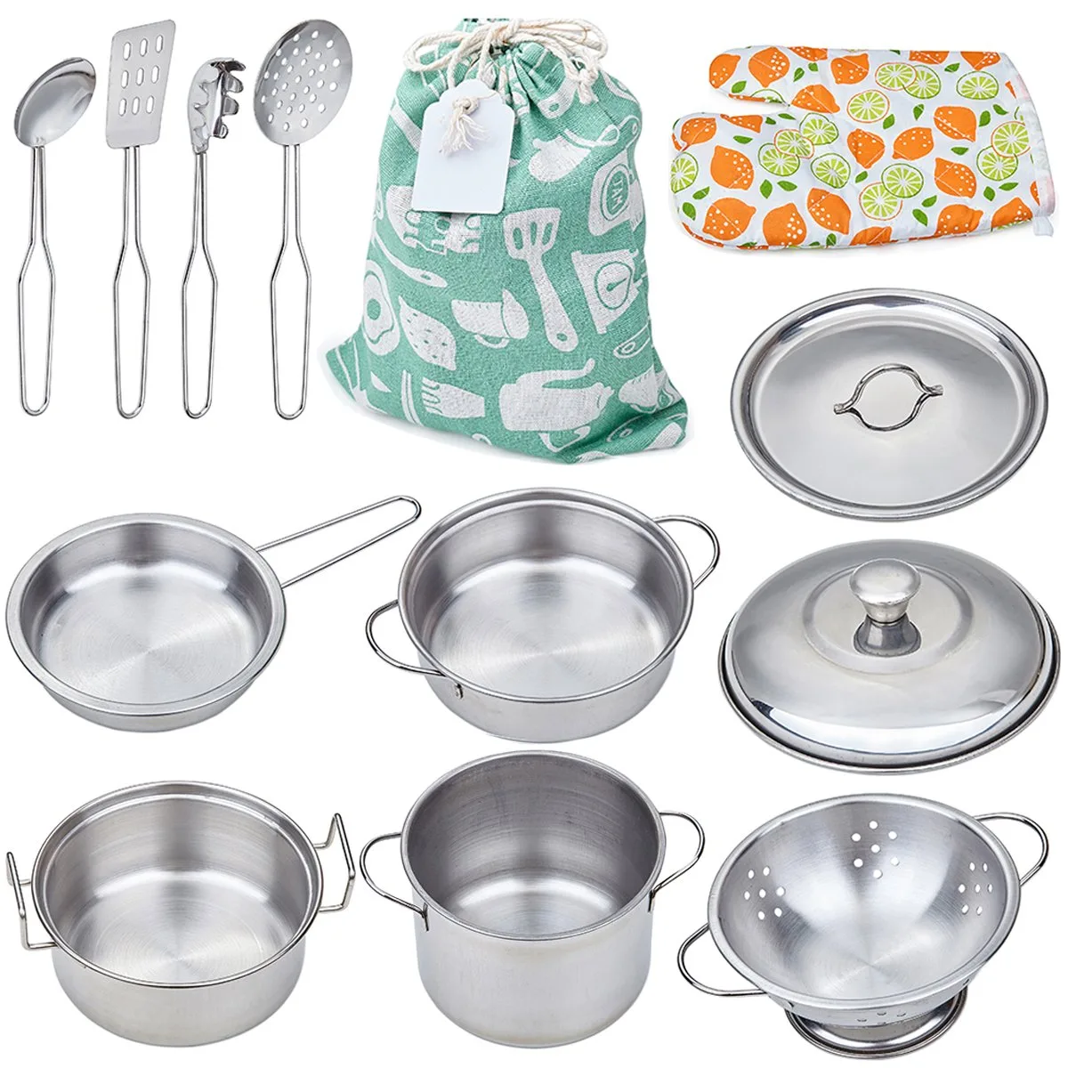 Play Pots and Pans Kitchen Playset 12-piece Stainless Steel Educational — product photo