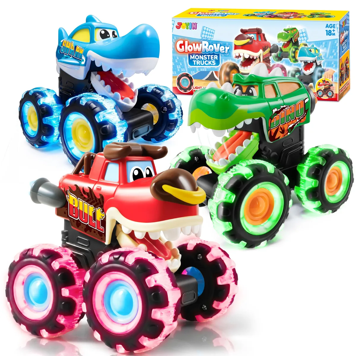  3 Pack Monster Truck Toy Dino Bull Shark LED Wheels Press &amp; Go Diecast — product photo