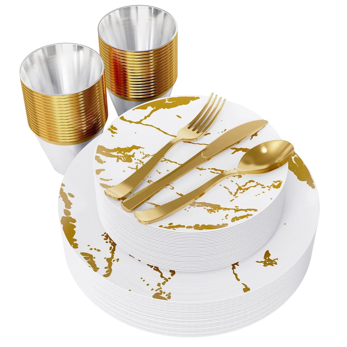 White and gold disposable dinnerware set for 30 guests, 180 pieces including plates, cups and cutlery
