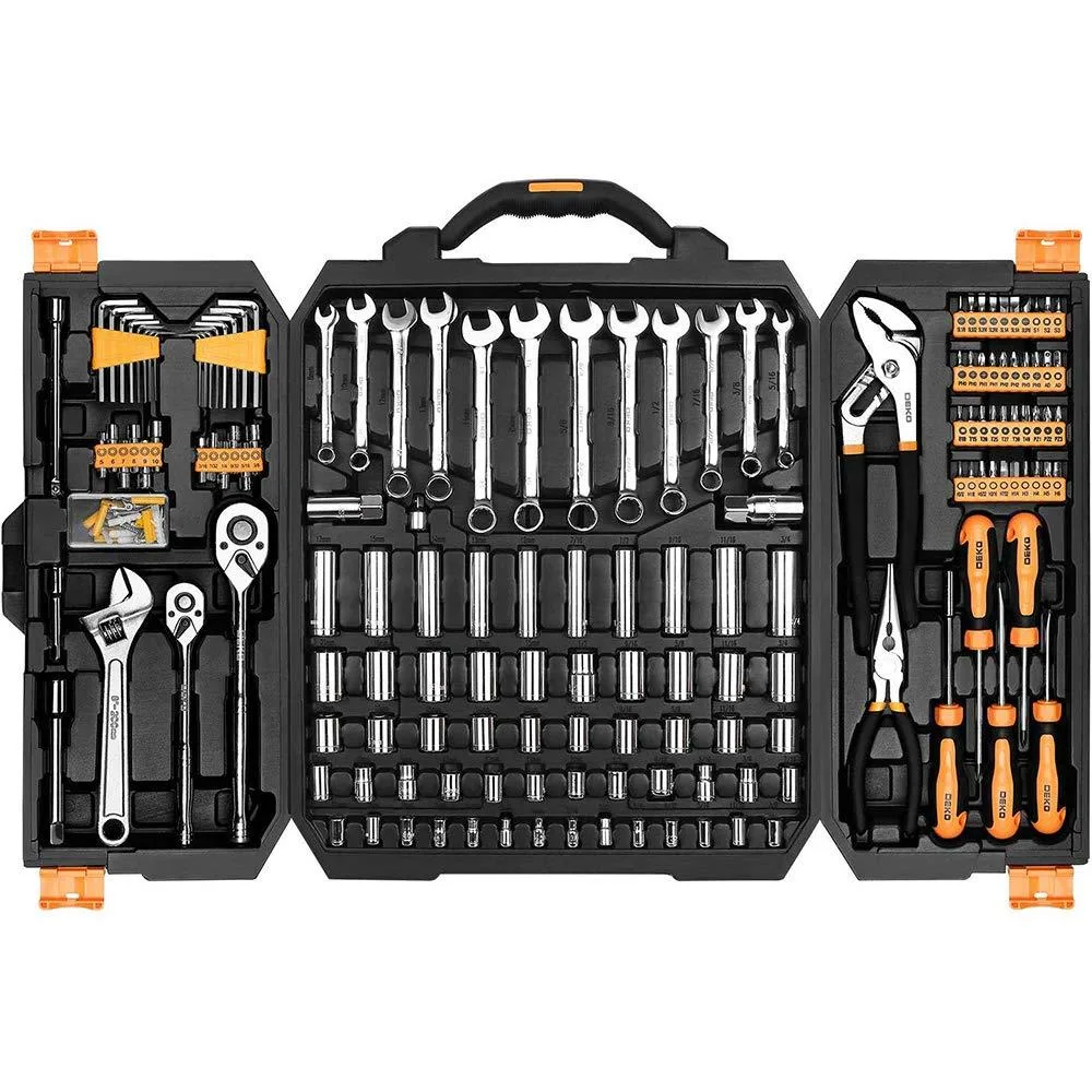 Black blow-molded case with chrome vanadium steel sockets wrenches and pliers inside